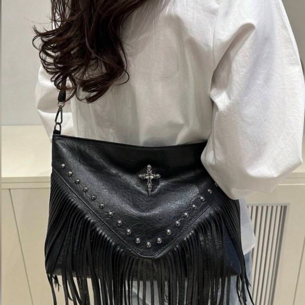*NWT* Black Fringe Crossbody Bag with Studded Cross Accent Purse